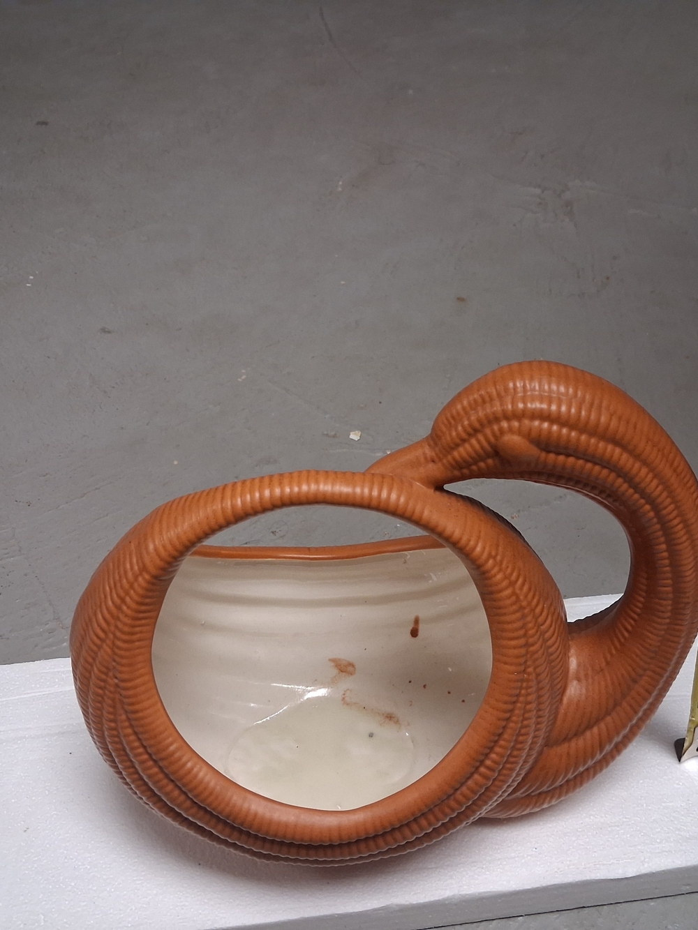 Brown Wicker-Textured Ceramic Basket Vase with Cream Interior